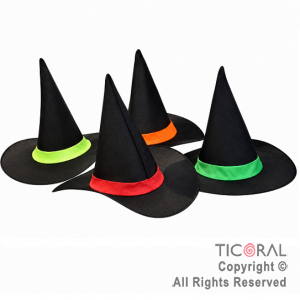 SOMBRERO BRUJA NEGRO CON TIRA FLUO COLORES SURTIDOS